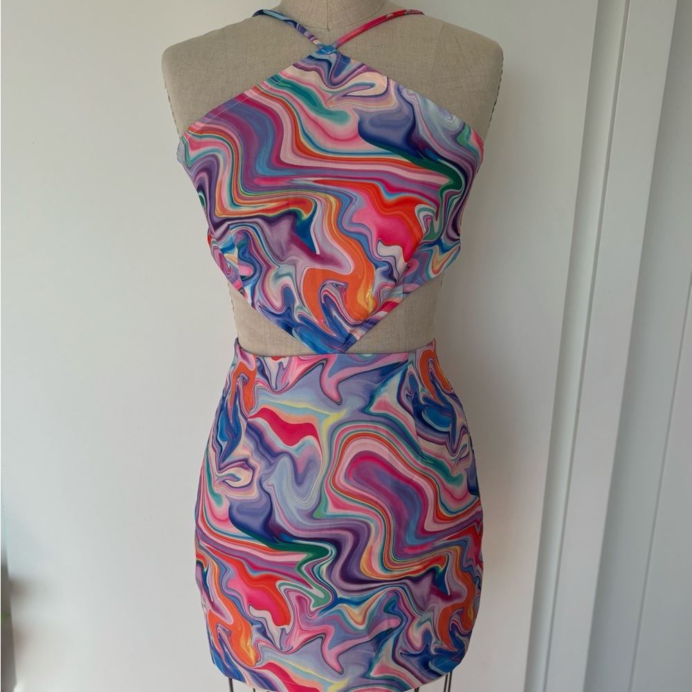 Princess Polly Multicolor Swirl Halter Cutout Mini Dress